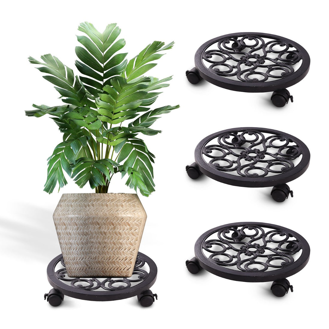 Sharpex Heavy Duty Plant Pot Trolley with Wheels | 4 PC Round Plant Stand with Wheels for Indoor &amp; Outdoor Pots, Rolling Wheels Metal Potted Plant Holder for House, Garden &amp; Patio (CO4-TRL-BL-034)