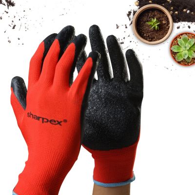 Sharpex Heavy Duty Gardening Hand Gloves for Home Garden | Breathable Latex Coated Safety Gloves for Farming, Weeding, Planting, Picking fruits, and Multipurpose Outdoor Work (1 Pair, Red and Black)