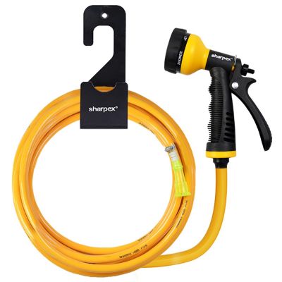 Sharpex Combo of 3 Hose Pipe with Nozzle and Pipe Holder | 10 Meter Yellow Durable Hose Pipe For Gardening | 6 Mode High Pressure Water Gun Nozzle | Heavy Duty Wall Mount Hose Hanger for Yard Lawn (CO-YL-HOS-012-001-N)