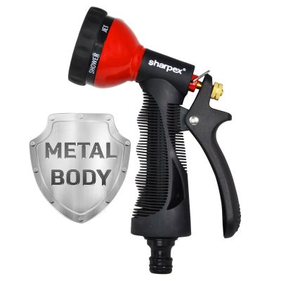 Sharpex Garden-Hose-Nozzle, Heavy Metal Water Spray Nozzle with 6 Adjustable Watering Patterns, Red